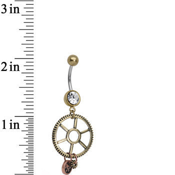 BodyCandy Clear Gem Get in Gear Worker's Wheel Dangle Belly Ring — detail close-up