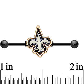 BodyCandy Officially Licensed New Orleans Saints Logo Industrial Barbell 38mm — detail close-up