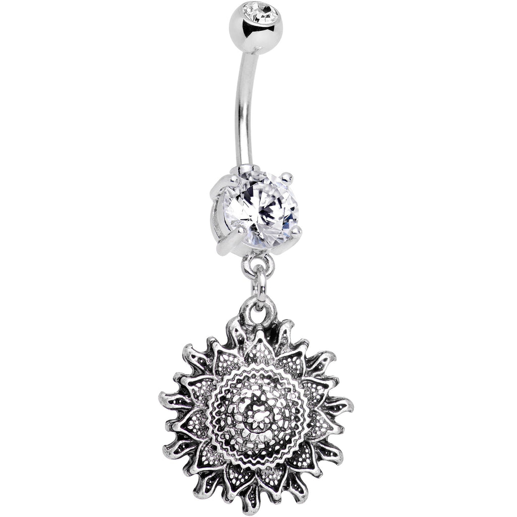 BodyCandy Clear Gem Mandala Flower Dangle Belly Ring — detail close-up