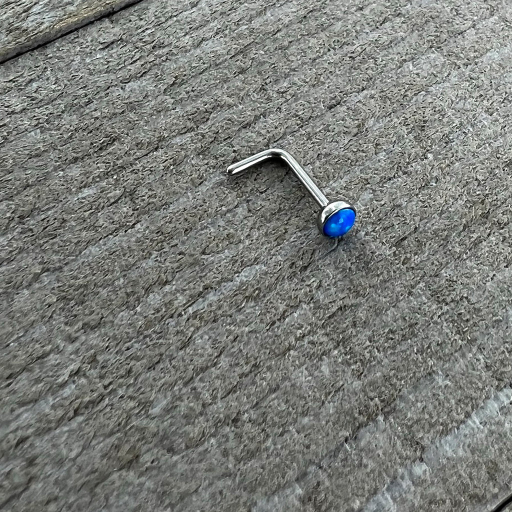 BodyCandy 20G 2mm Blue Synthetic Opal L-Shaped Nose Ring — lifestyle context