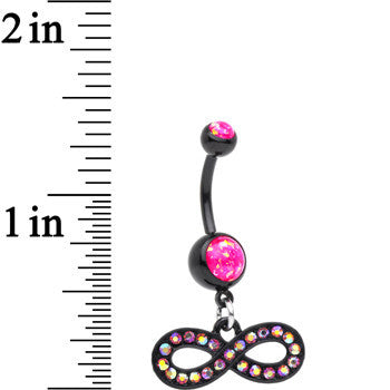 BodyCandy Pink Resin Faux Opal CZ Black PVD Infinity Dangle Belly Ring — detail close-up