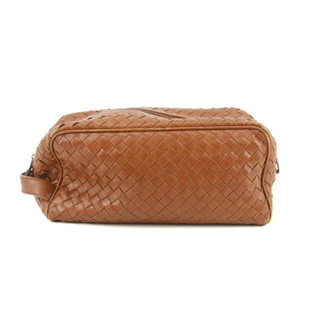 Bolt Boutique Bottega Veneta Intrrecciato Brown Leather Cosmetic Bag #5744 — detail close-up