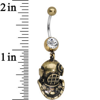 BodyCandy Antiqued Brass Scuba Mask Dangle Gem Belly Ring — detail close-up
