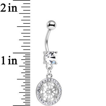 BodyCandy Clear Gem Mandala Medallion Dangle Belly Ring — detail close-up