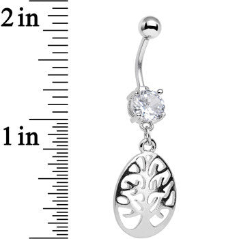 BodyCandy Clear Gem Teardrop Tree Silhouette Dangle Belly Ring — detail close-up