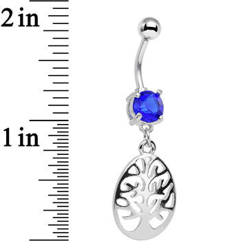 BodyCandy Blue Gem Teardrop Tree Silhouette Dangle Belly Ring — detail close-up
