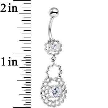 BodyCandy Clear Cubic Zirconia Crochet Flower Dangle Belly Ring — detail close-up
