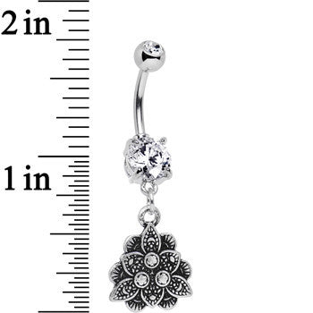 BodyCandy Double Clear Gem Incan Flower Dangle Belly Ring — detail close-up