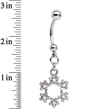 BodyCandy Clear and Aurora Decorated Snowflake Dangle Belly Ring — detail close-up