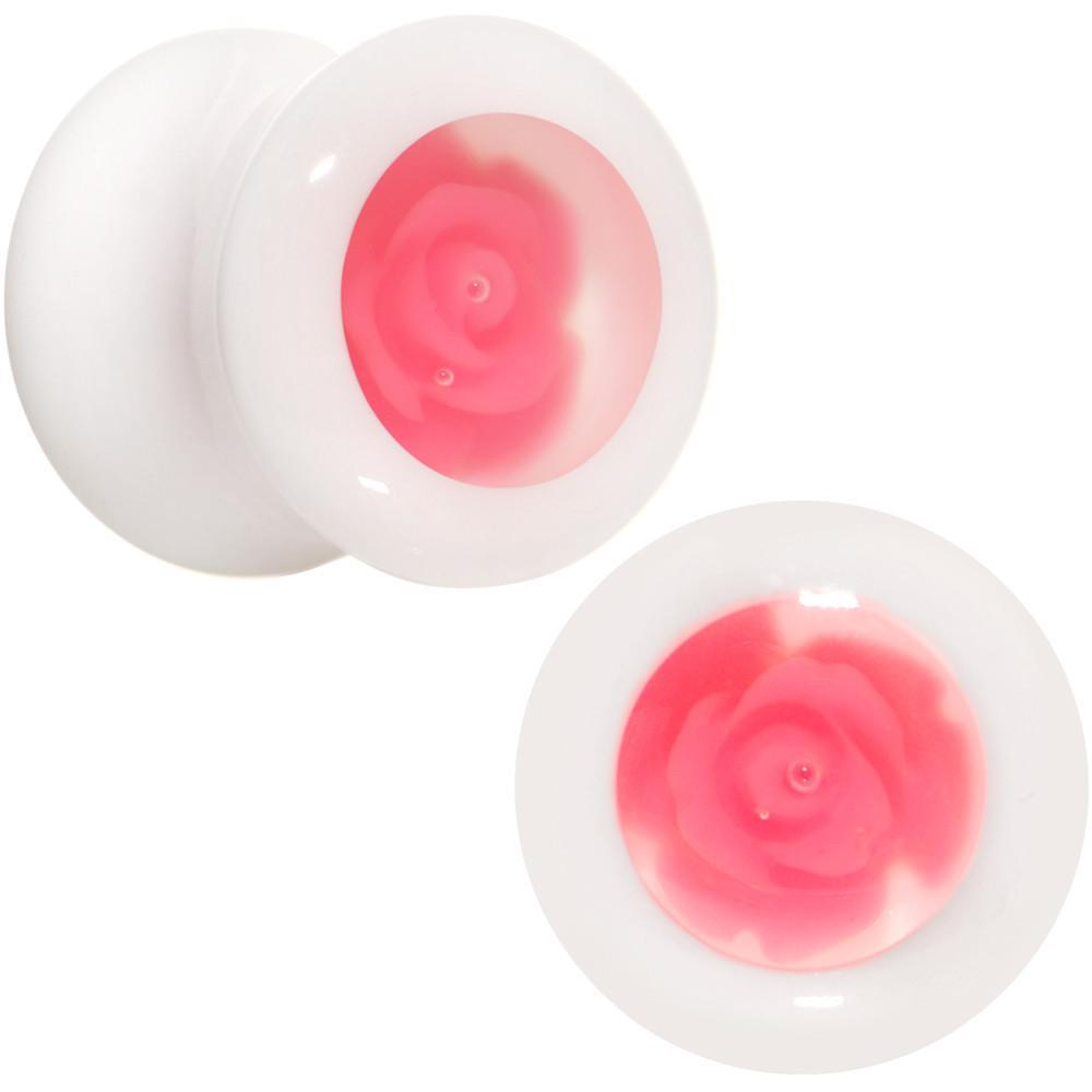 BodyCandy White Acrylic Pink Rose Flower Insert Saddle Plug Set Available in Sizes 00G to 26mm — main product shot