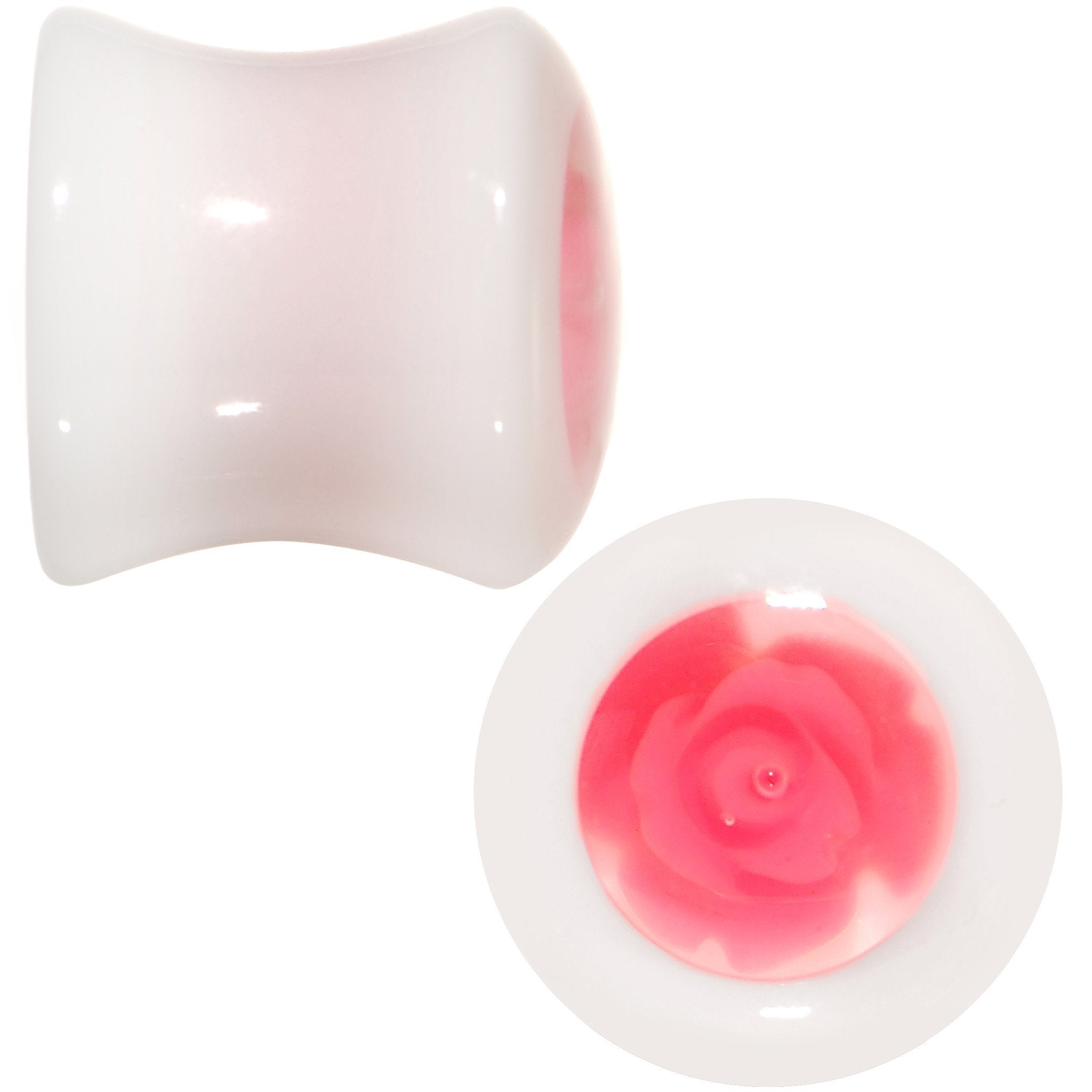 BodyCandy White Acrylic Pink Rose Flower Insert Saddle Plug Set Available in Sizes 00G to 26mm — detail close-up