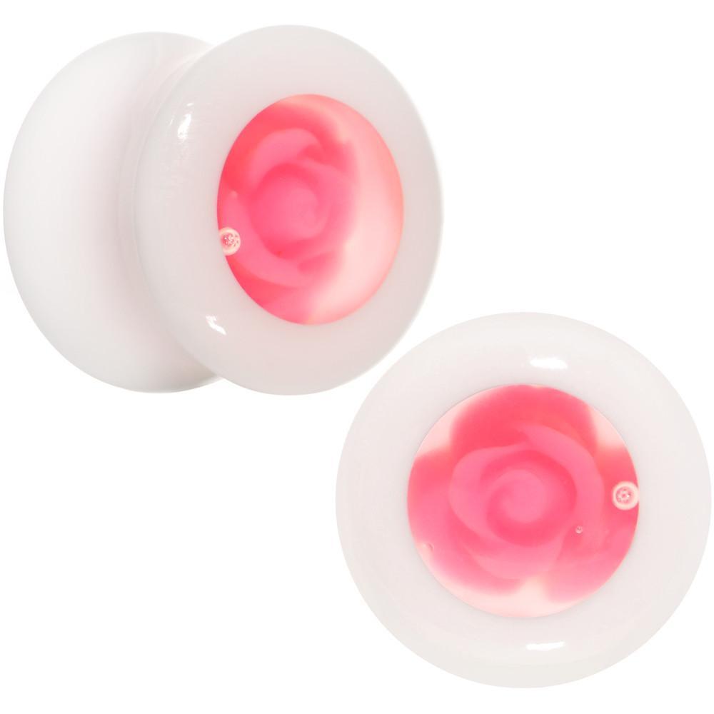 BodyCandy White Acrylic Pink Rose Flower Insert Saddle Plug Set Available in Sizes 00G to 26mm — lifestyle context