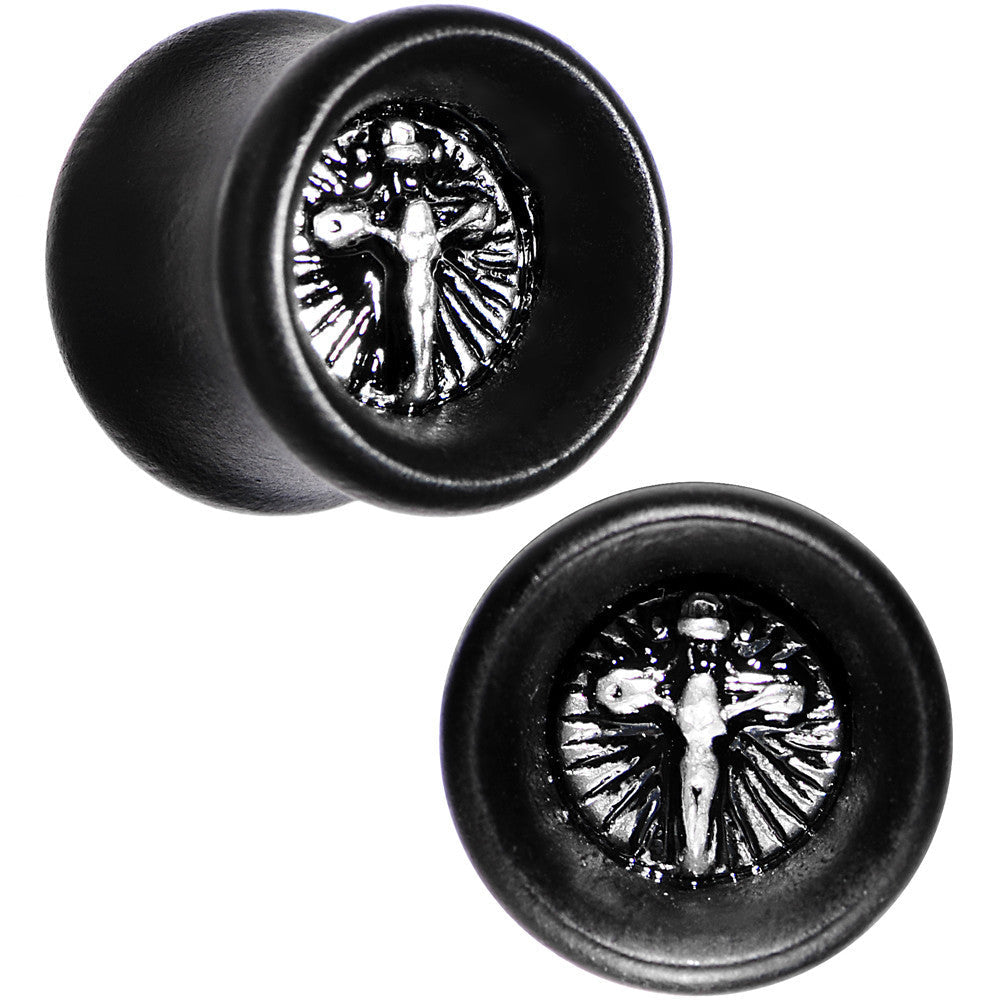 BodyCandy 1/2 Black Organic Beechwood Stainless Steel Cross Saddle Plug Set — main product shot