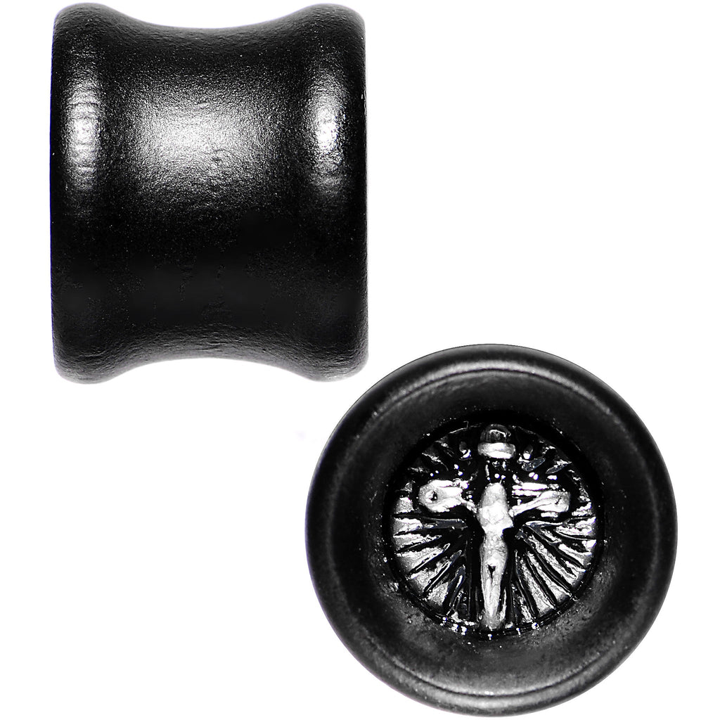 BodyCandy 1/2 Black Organic Beechwood Stainless Steel Cross Saddle Plug Set — detail close-up