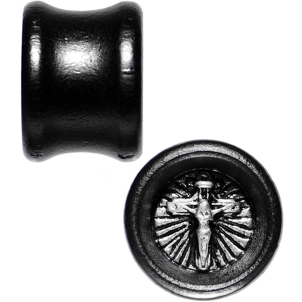 BodyCandy 9/16 Black Organic Beechwood Stainless Steel Cross Saddle Plug Set — detail close-up