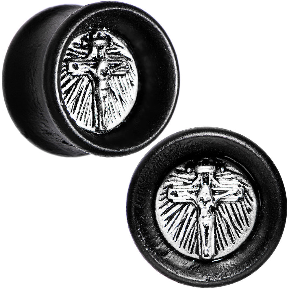 BodyCandy 5/8 Black Organic Beechwood Stainless Steel Cross Saddle Plug Set — main product shot
