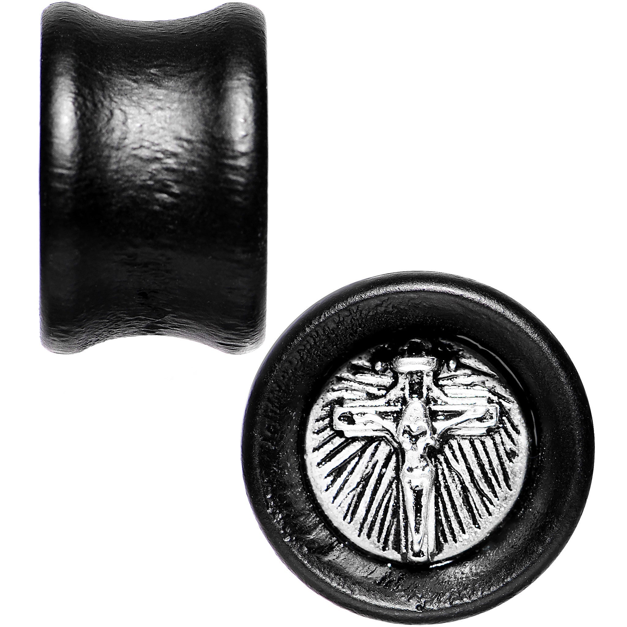BodyCandy 5/8 Black Organic Beechwood Stainless Steel Cross Saddle Plug Set — detail close-up