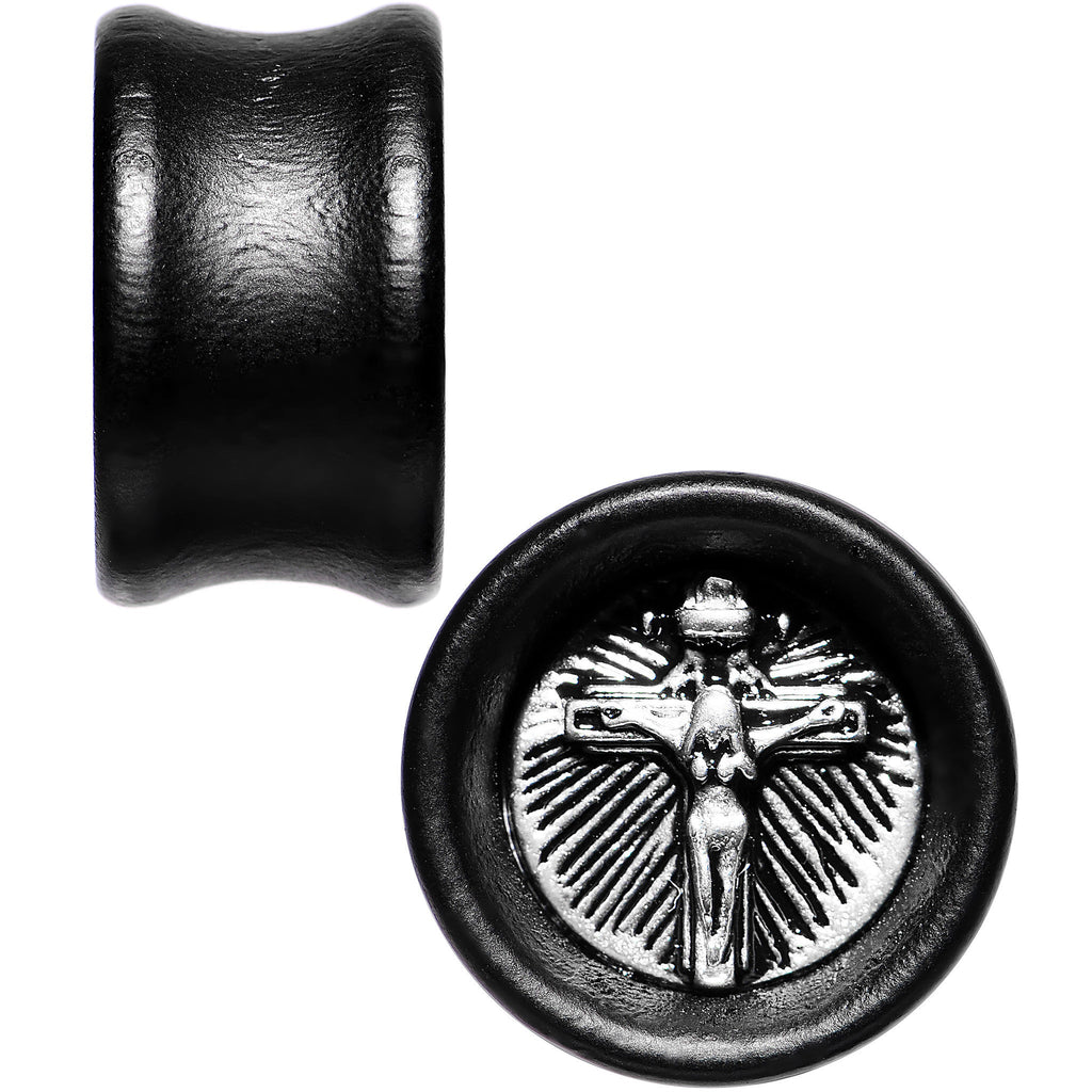 BodyCandy 18mm Black Organic Beechwood Stainless Steel Cross Saddle Plug Set — detail close-up