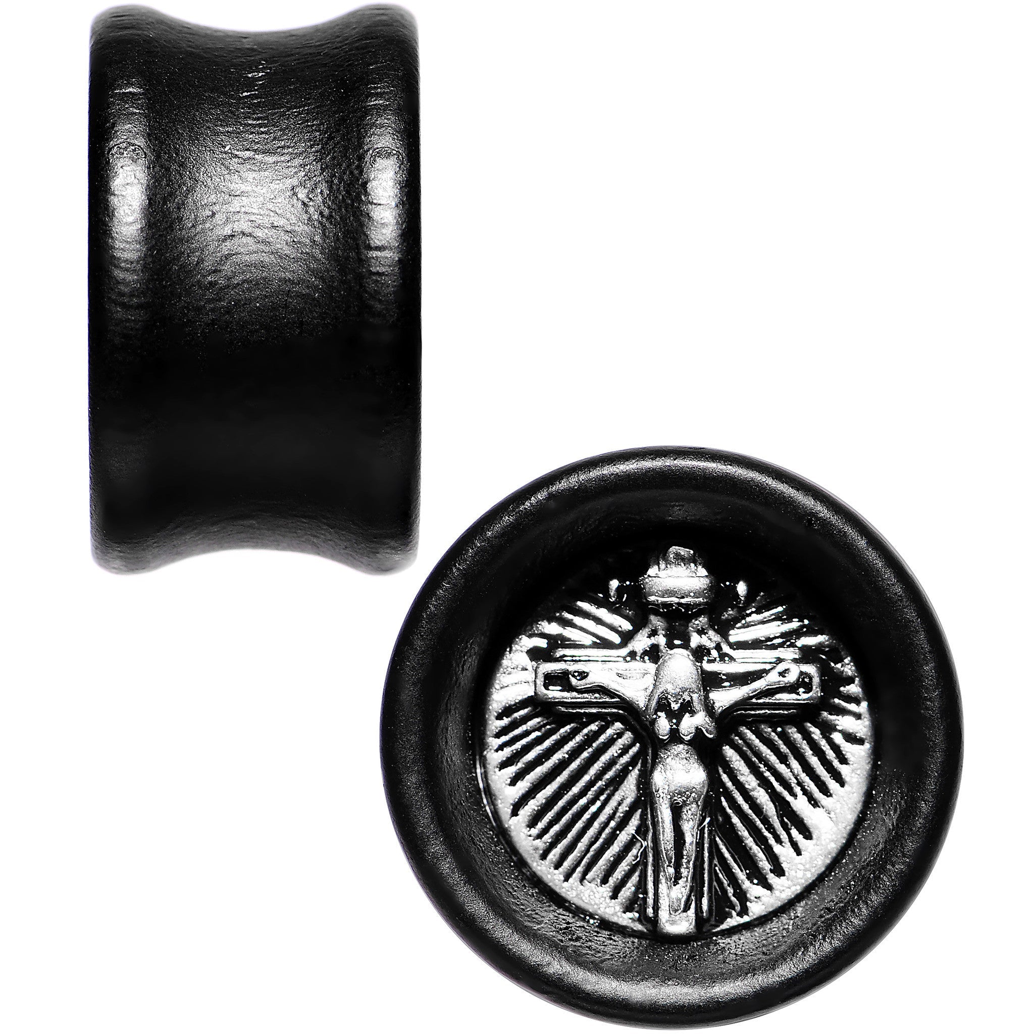 BodyCandy 18mm Black Organic Beechwood Stainless Steel Cross Saddle Plug Set — detail close-up
