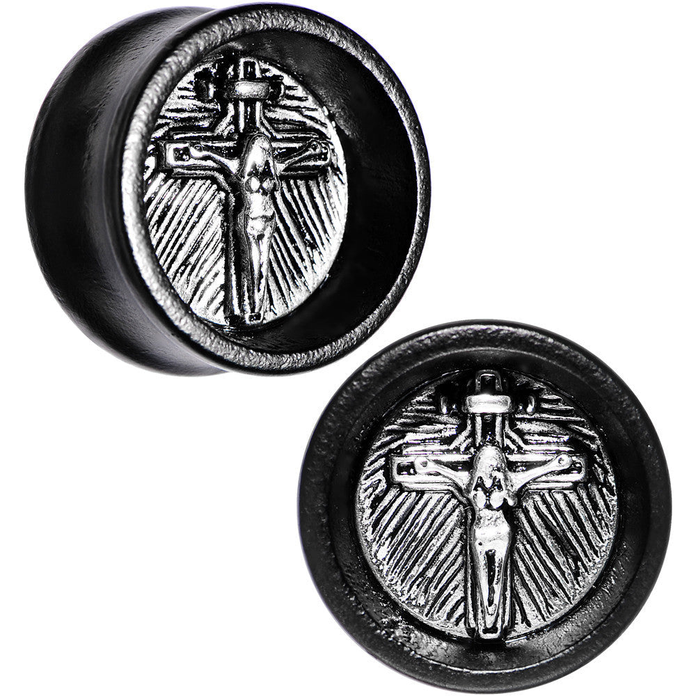 BodyCandy 20mm Black Organic Beechwood Stainless Steel Cross Saddle Plug Set — main product shot