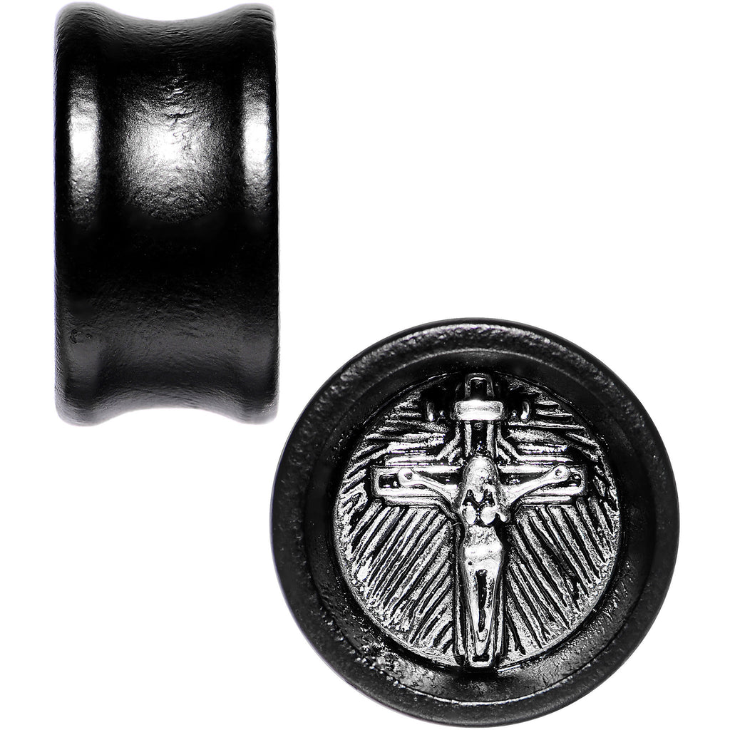 BodyCandy 20mm Black Organic Beechwood Stainless Steel Cross Saddle Plug Set — detail close-up