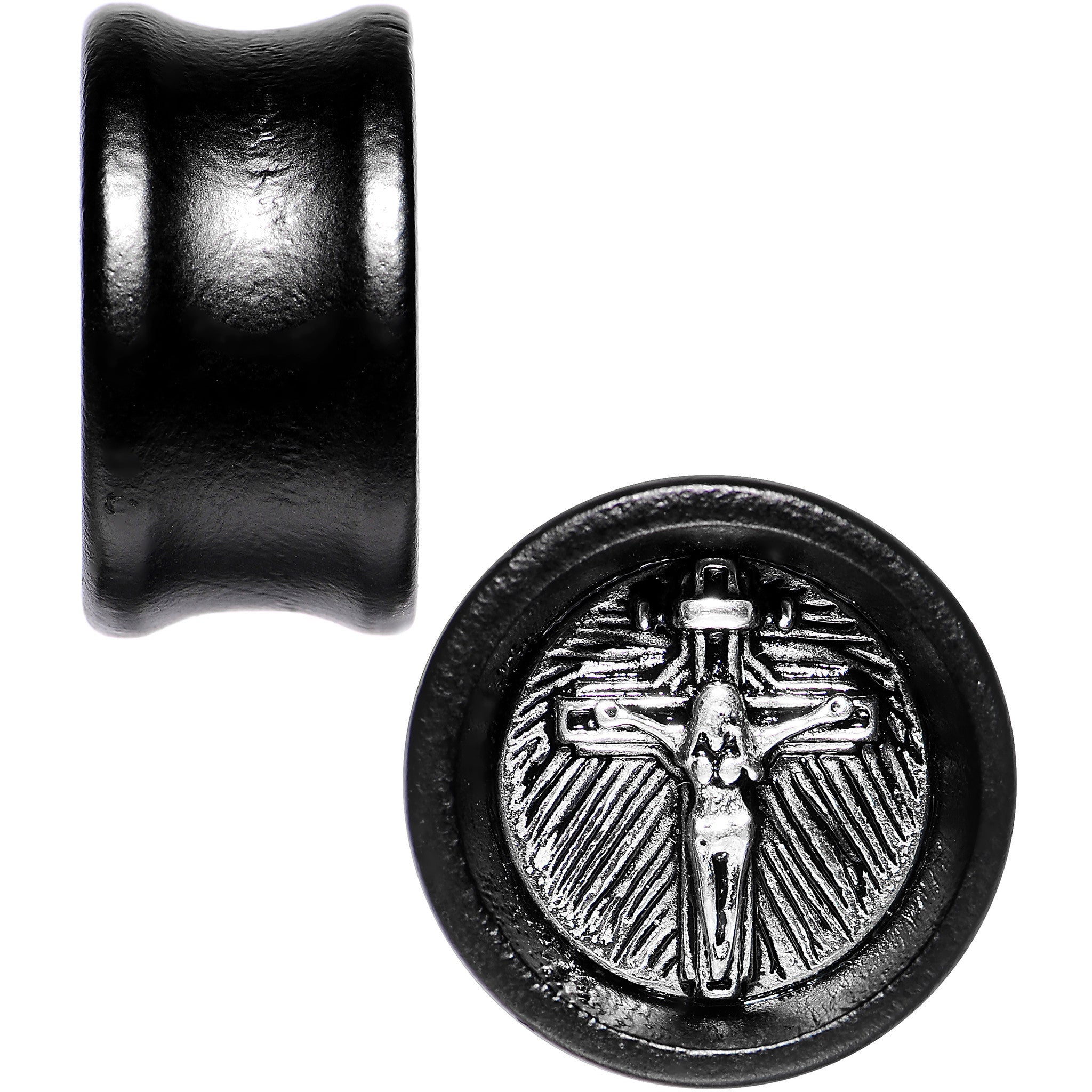 BodyCandy 20mm Black Organic Beechwood Stainless Steel Cross Saddle Plug Set — detail close-up