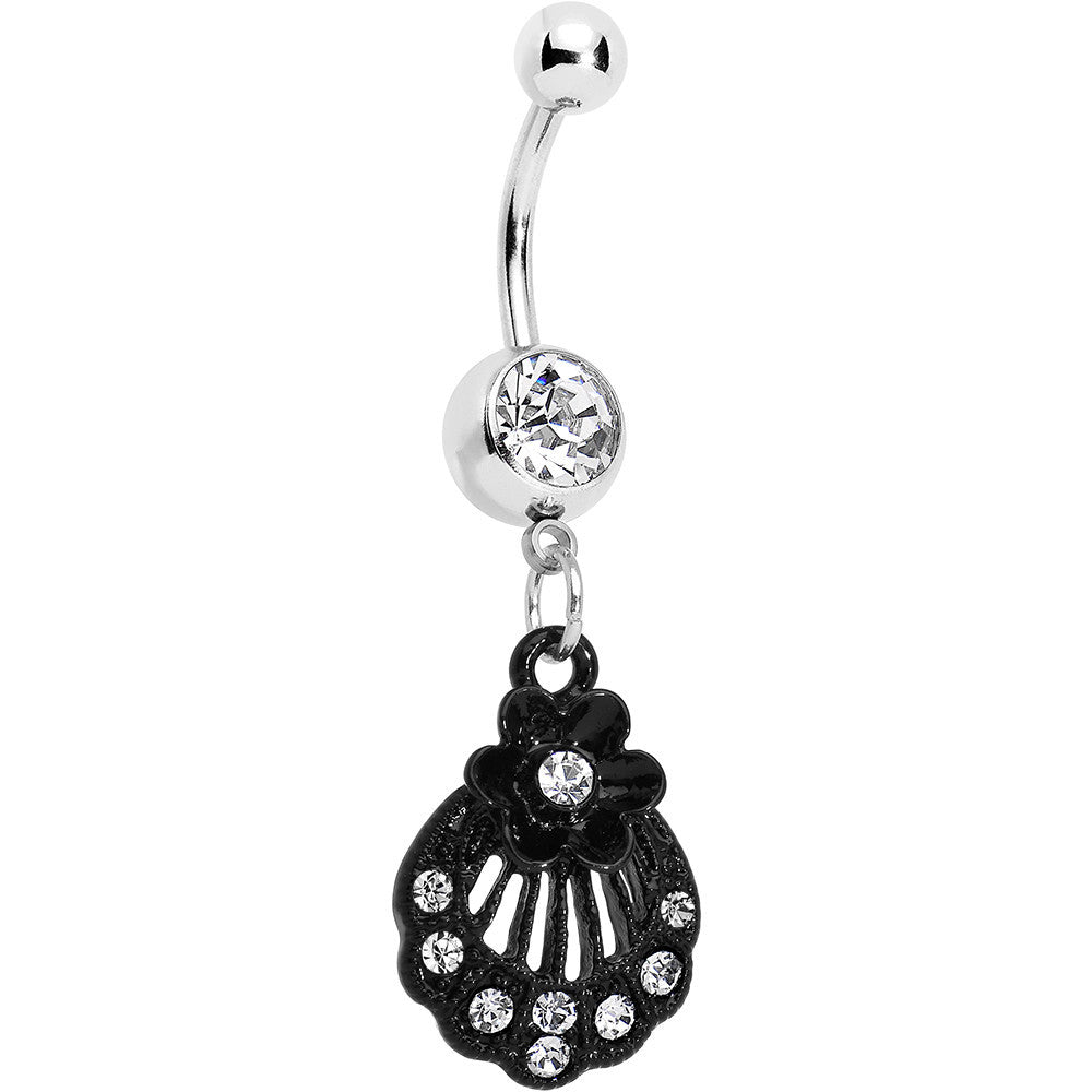 BodyCandy Clear Czech Stone Black Floral Seashell Dangle Belly Ring — main product shot