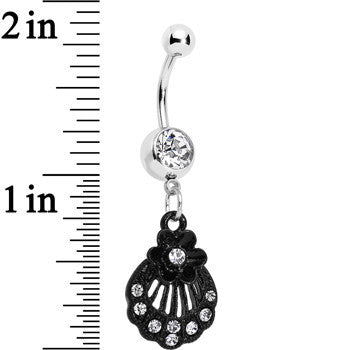 BodyCandy Clear Czech Stone Black Floral Seashell Dangle Belly Ring — detail close-up