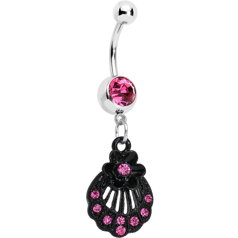 BodyCandy Pink Czech Stone Black Floral Seashell Dangle Belly Ring — main product shot