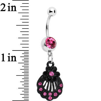 BodyCandy Pink Czech Stone Black Floral Seashell Dangle Belly Ring — detail close-up