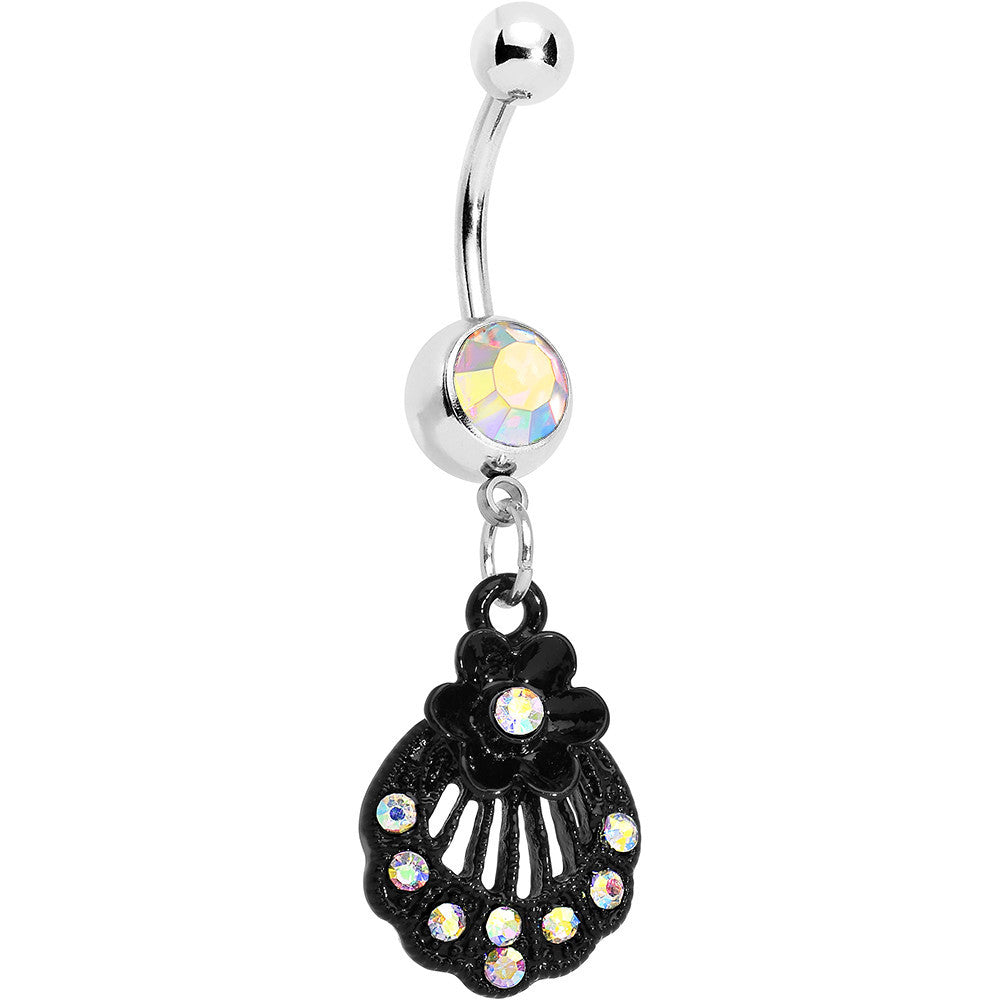 BodyCandy Aurora Czech Stone Black Floral Seashell Dangle Belly Ring — main product shot