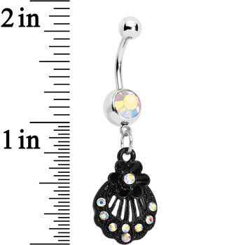BodyCandy Aurora Czech Stone Black Floral Seashell Dangle Belly Ring — detail close-up
