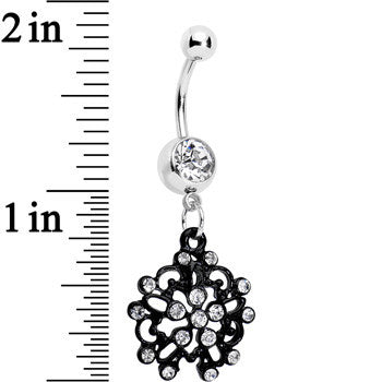 BodyCandy Clear Czech Stone Black Intricate Snowflake Dangle Belly Ring — detail close-up