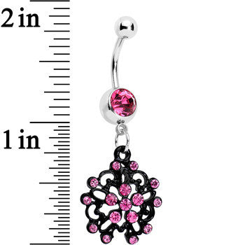 BodyCandy Pink Czech Stone Black Intricate Snowflake Dangle Belly Ring — detail close-up