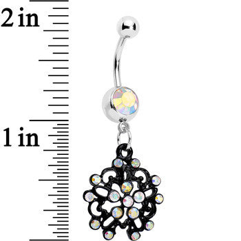 BodyCandy Aurora Czech Stone Black Intricate Snowflake Dangle Belly Ring — detail close-up