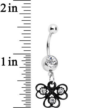 BodyCandy Clear Czech Stone Black Swirl Trio of Love Dangle Belly Ring — detail close-up