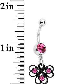 BodyCandy Pink Czech Stone Black Swirl Trio of Love Dangle Belly Ring — detail close-up