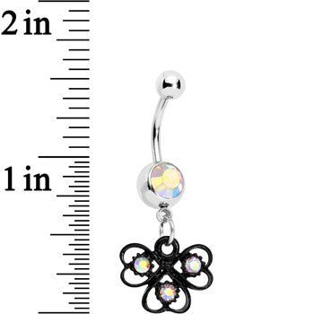 BodyCandy Aurora Czech Stone Black Swirl Trio of Love Dangle Belly Ring — detail close-up