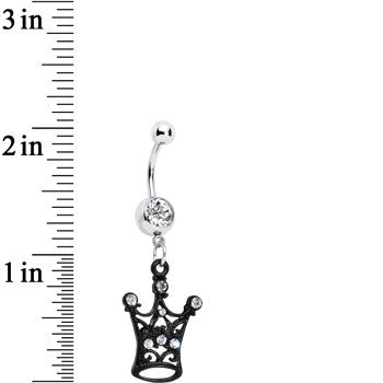 BodyCandy Clear Czech Stone Black Victorian King Crown Dangle Belly Ring — detail close-up