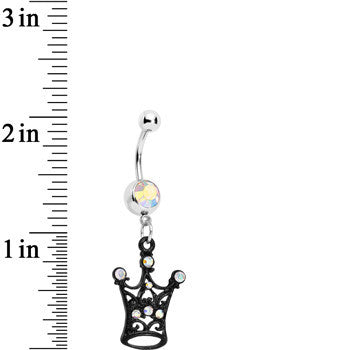 BodyCandy Aurora Czech Stone Black Victorian King Crown Dangle Belly Ring — detail close-up