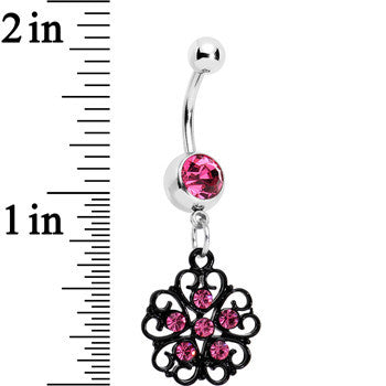 BodyCandy Pink Czech Stone Black Quinate Romance Dangle Belly Ring — detail close-up