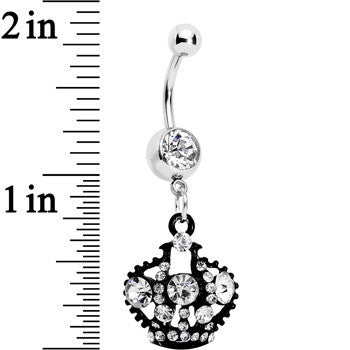 BodyCandy Clear Czech Stone Black Versailles Queen Crown Dangle Belly Ring — detail close-up