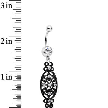BodyCandy Clear Czech Stone Black Victorian Design Dangle Belly Ring — detail close-up
