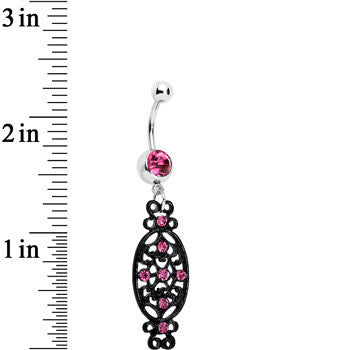 BodyCandy Pink Czech Stone Black Victorian Design Dangle Belly Ring — detail close-up