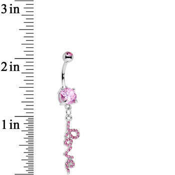 BodyCandy Pretty Pink Gem Studded Love Cursive Text Dangle Belly Ring — detail close-up