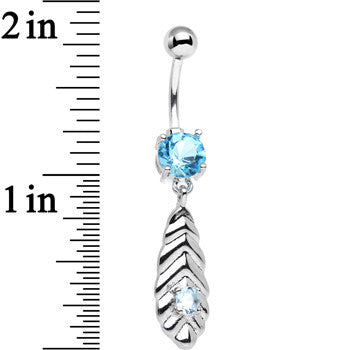 BodyCandy Shades of Blue CZ Gem Feather Dangle Stainless Steel Belly Ring — detail close-up