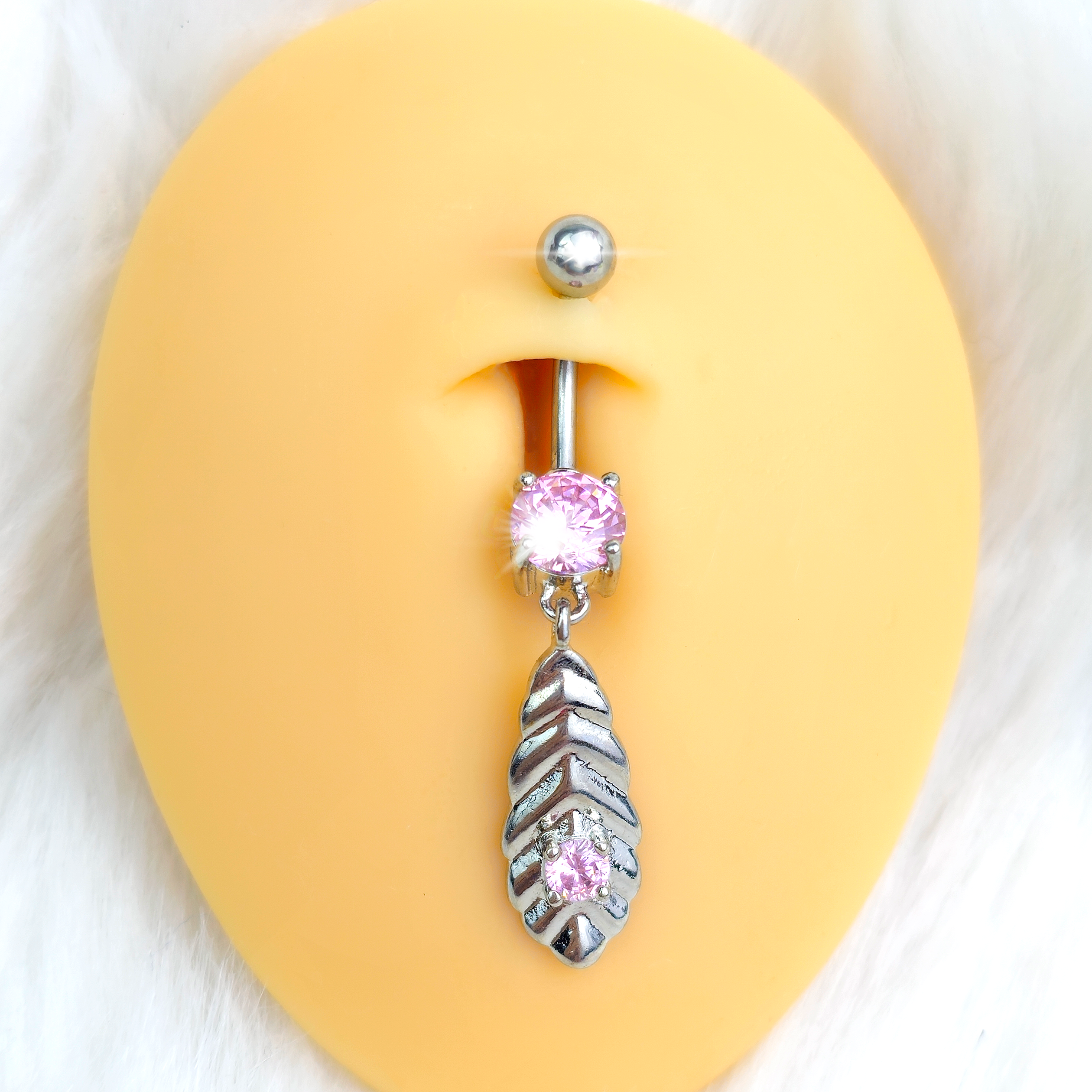 BodyCandy Pink and Clear CZ Gem Feather Dangle Belly Ring — detail close-up