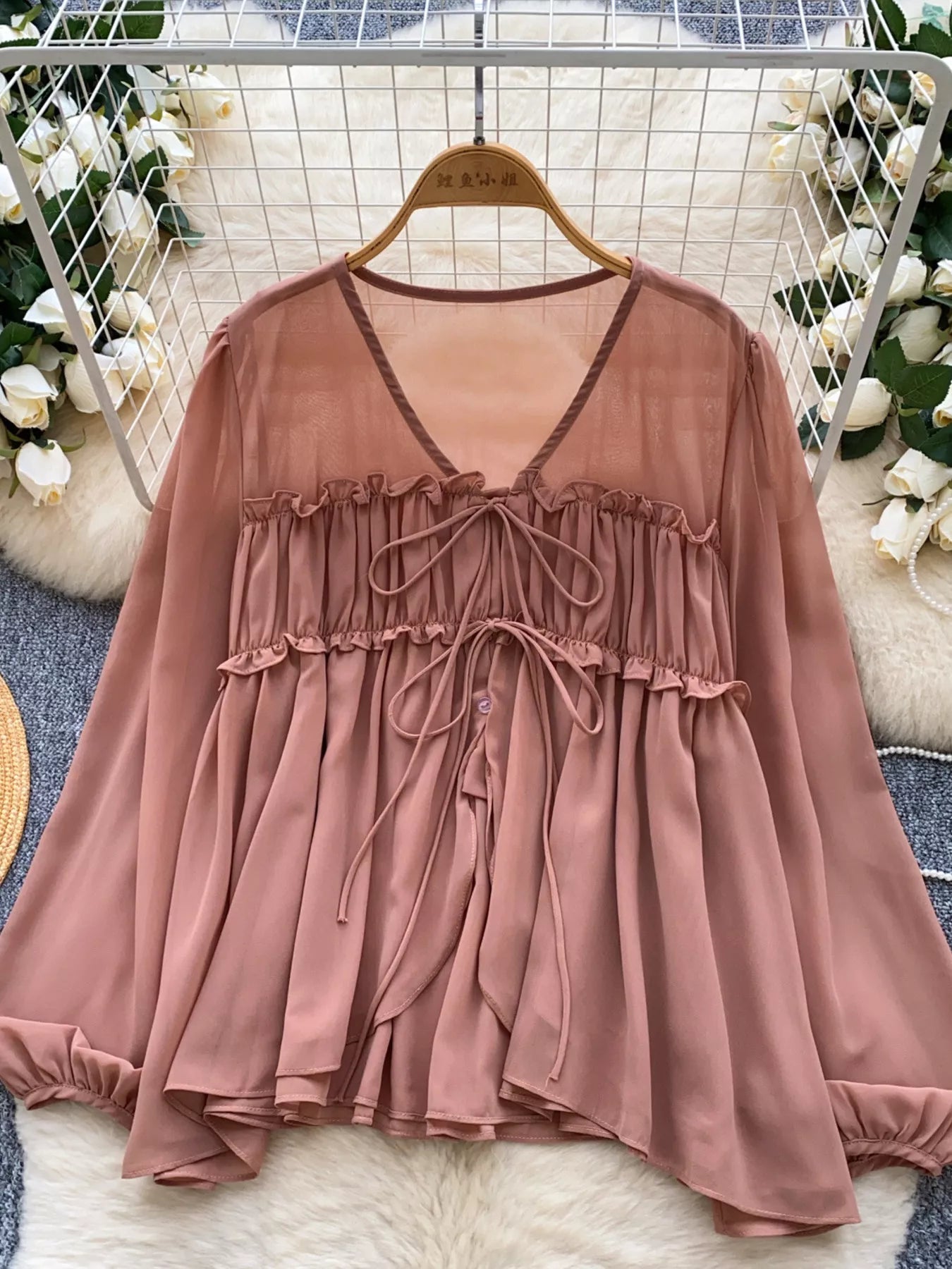 Ruffle Tie-Front Chiffon Blouse