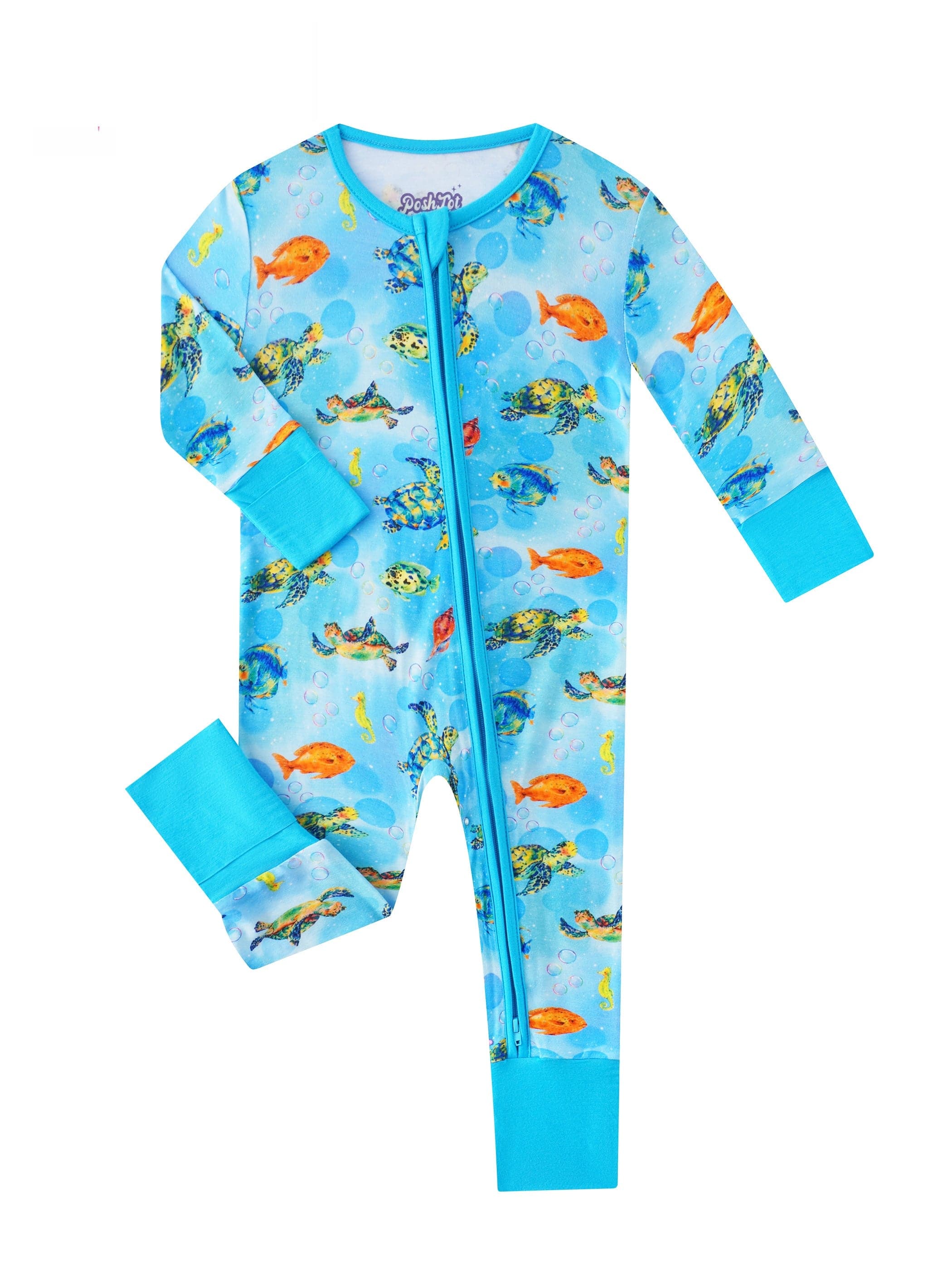 Charlies Project Kids Posh TOT Sea Turtle Bamboo Baby Convertible Zippy Romper — color detail