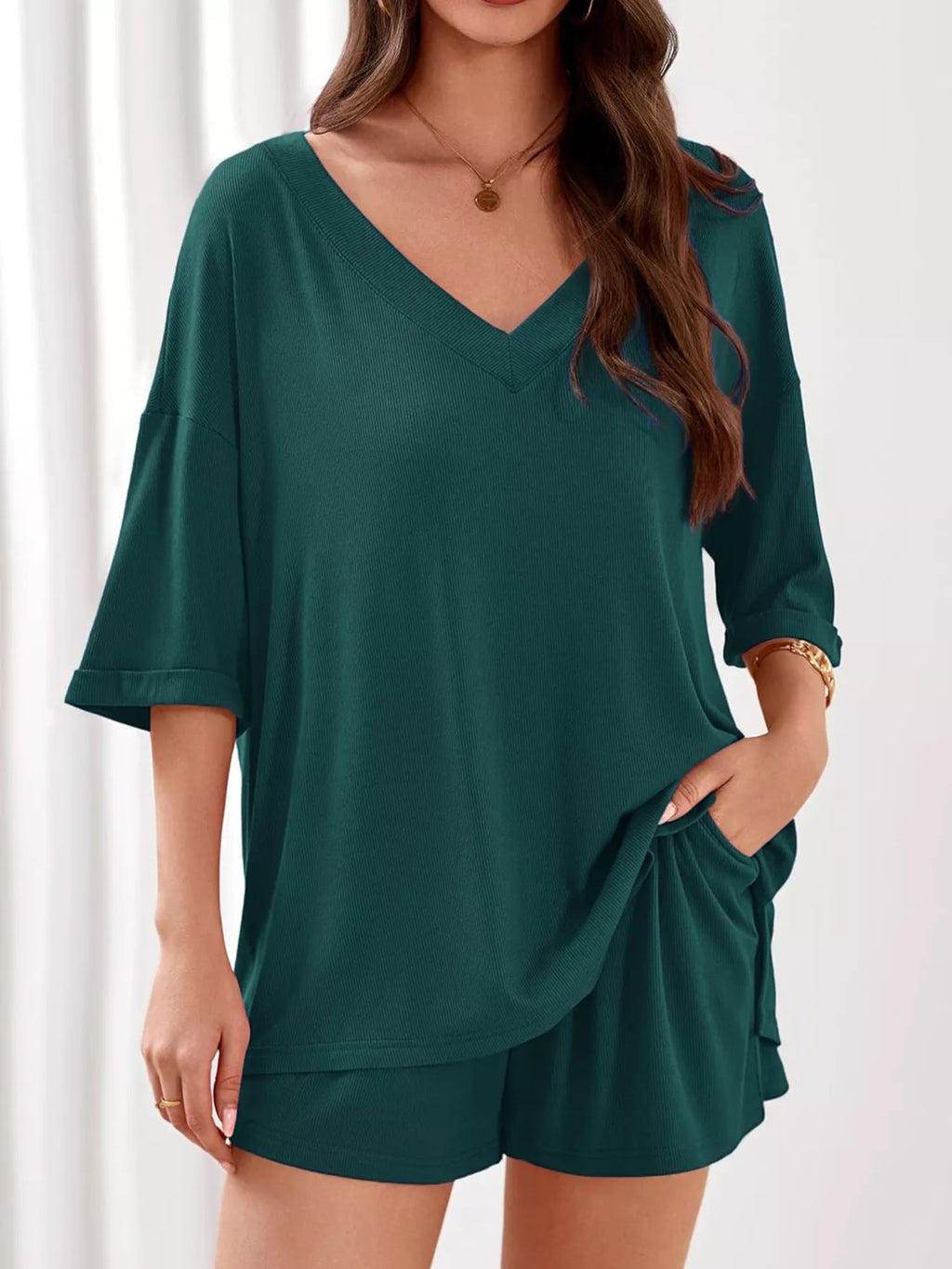 Casual Solid Color V-Neck Top & Shorts Set